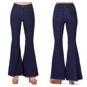 JUDY BLUE Super Flare Leg Frayed Jeans, Raw Hem, Dark Wash, Sz 9/29